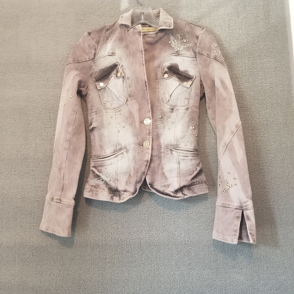 DISHE Jeans Chocolate Jacket Womens Medium Brown Embellished Rhinestones 1774
